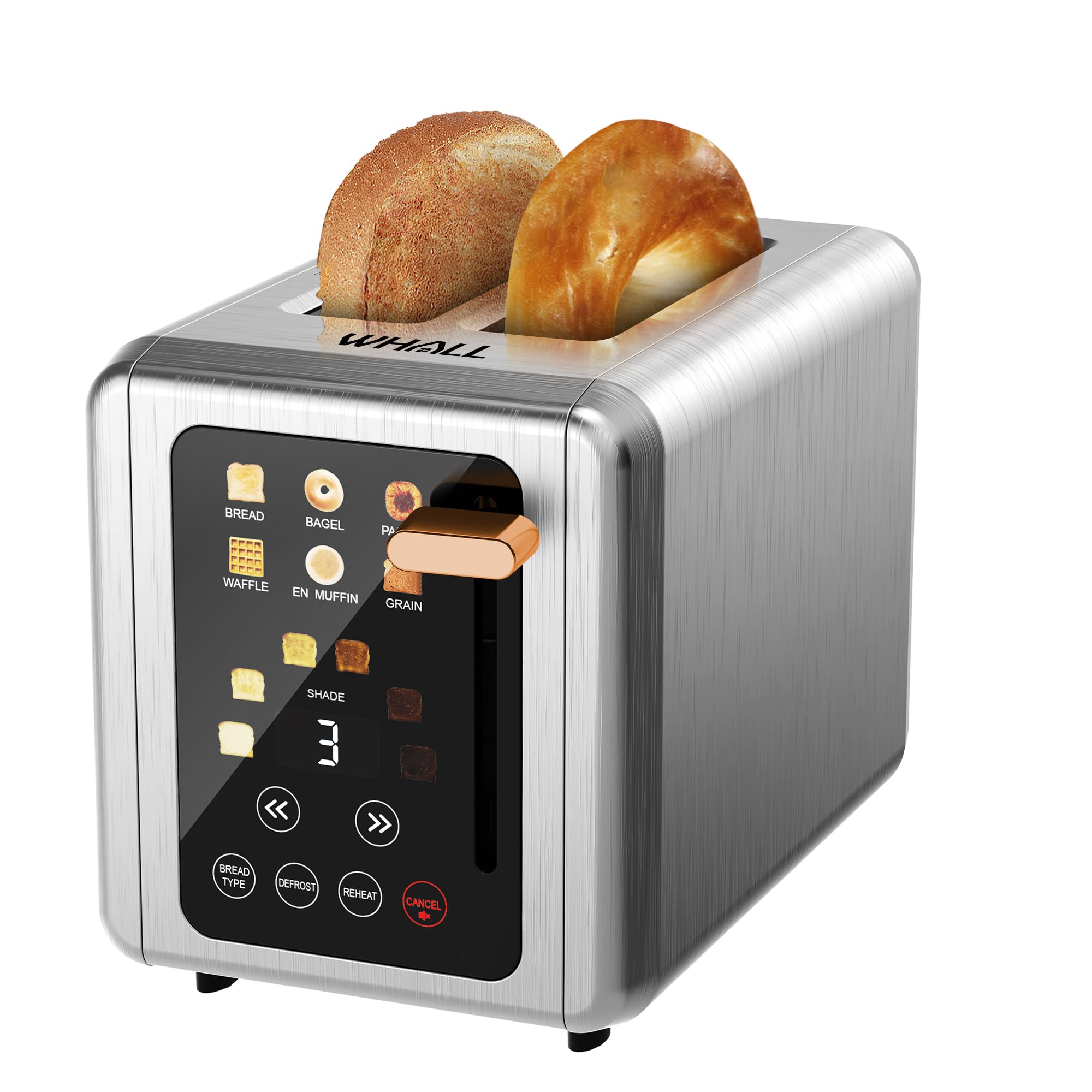 WHALL Touch Screen Toaster 2 Slice, Stainless Steel Digital Timer Toaster with Sound Function, Smart Extra Wide Slots Toaster with Bagel, Cancel, Defrost (gold))