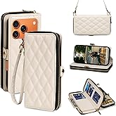 Rssviss Crossbody Case for iPhone 17 Pro Case Wallet, RFID Blocking Leather with Card Holder Kickstand, Handbag Zipper Flip Cover with Wrist Strap for iPhone 17 Pro Men Women 6.3", White