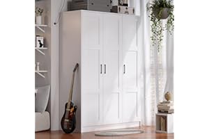 FENGHUA LIZHI 3 Doors Wooden Wardrobe Closet Armoire, White Storage Cabinet for Hanging Clothes, Bedroom Large Capacity Freestanding Armoire,Wood Wardrobe Combination with Shelves