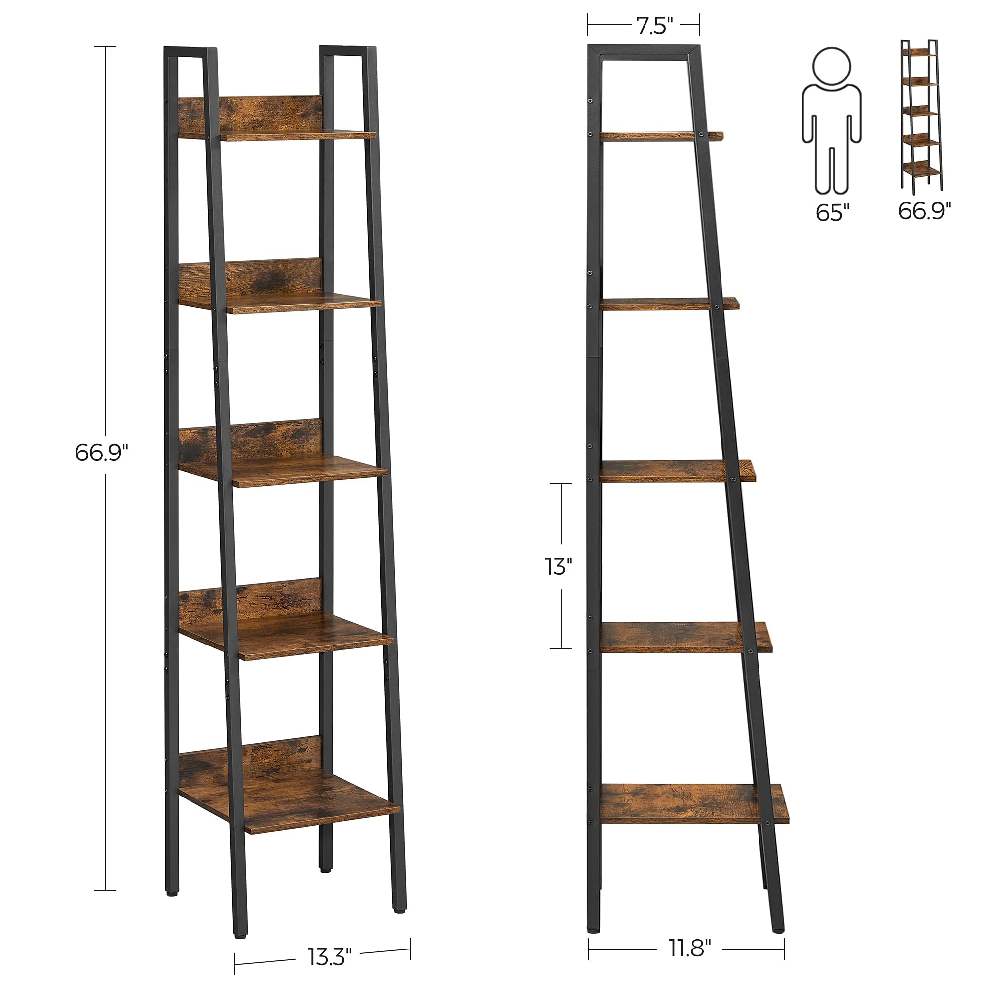 VASAGLE Bookshelf, 5-Tier Narrow Book Shelf, 11.8 x 13.3 x 66.9 Inches, Ladder Shelf for Home Office, Living Room, Bedroom, Kitchen, Rustic Brown and Ink Black ULLS109B01