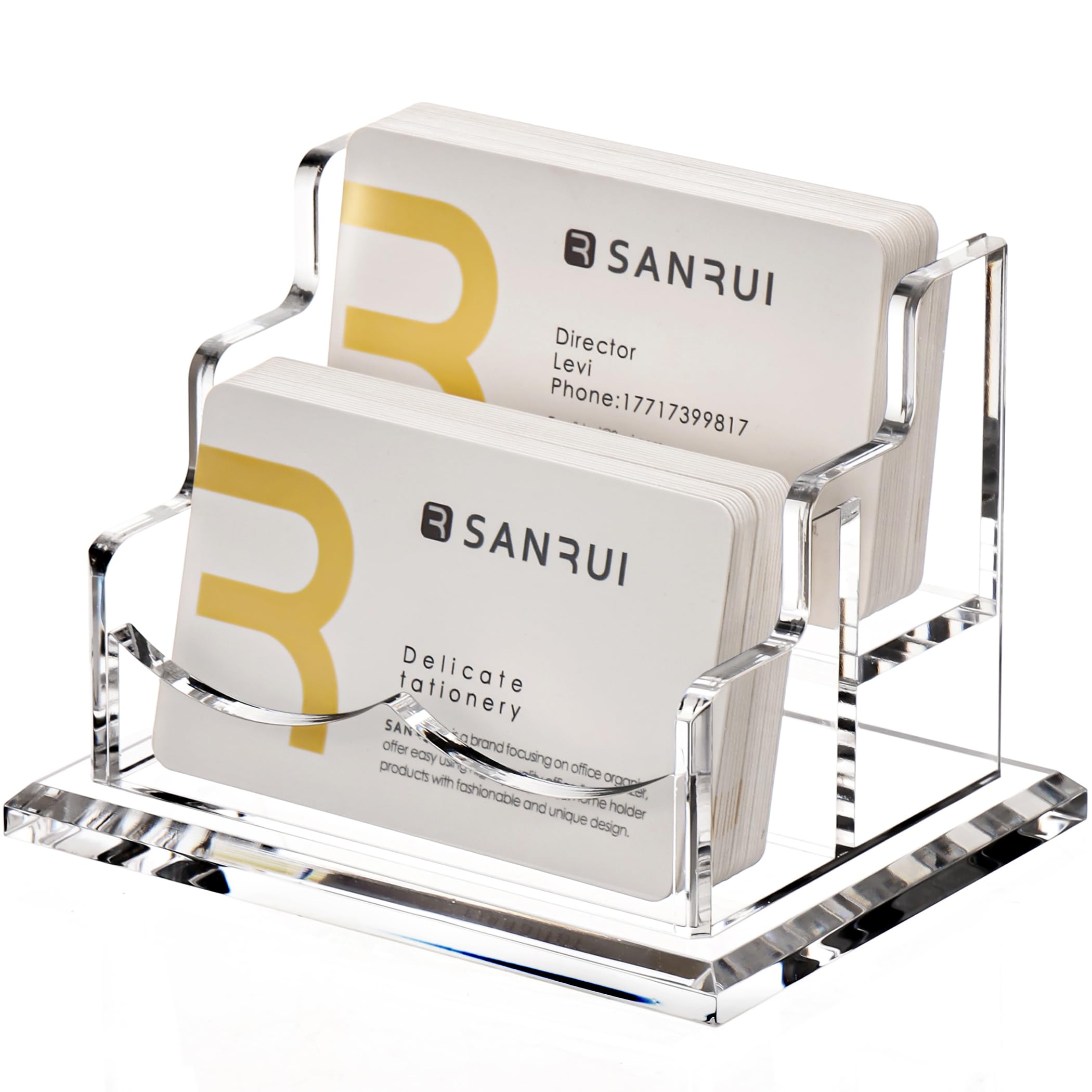 SANRUI 2-Tier Acrylic Business Card Holder for Desk - Clear Double Pocket Display Stand & Organiser - Heavy Duty 8mm Base Name Card Rack for Office, Reception & Exhibitions (Holds 120 Cards)