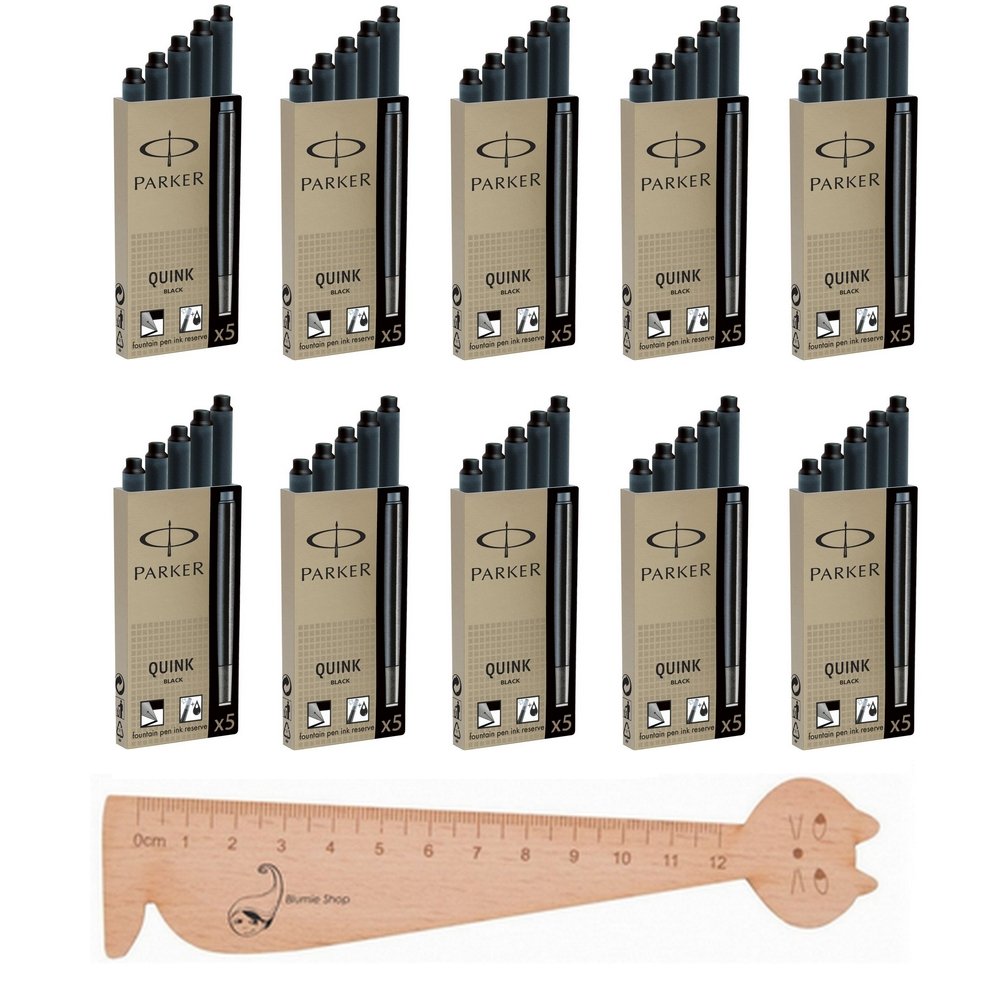 Set of 50 PARKER QUINK Long Ink Cartridges – Black + 1X Cat Wooden Ruler Page Marker Blumie