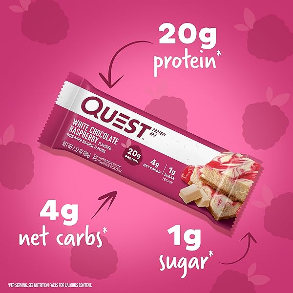 QUEST NUTRITION WHITE CHOCOLATE RASPBERRY PROTEIN BARS, 20G PROTEIN, 1G SUGAR, 5G NET CARB, HIGH FIBER, GLUTEN FREE, KETO FRIENDLY, 4 COUNT