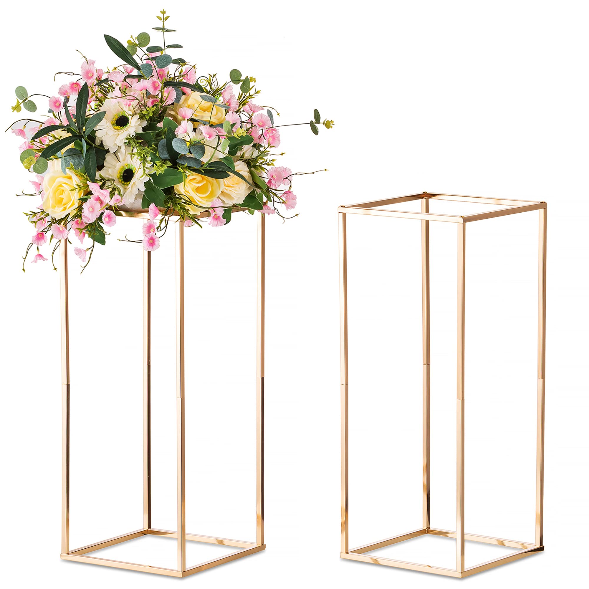 Sziqiqi Gold Metal Vase for Wedding Centerpieces Tables - Geometric Floor Vases for Flower Stand Centerpiece Stands Rectangular Flower Arrangement Display Rack for Weddings Birthday Decoration, 60cm