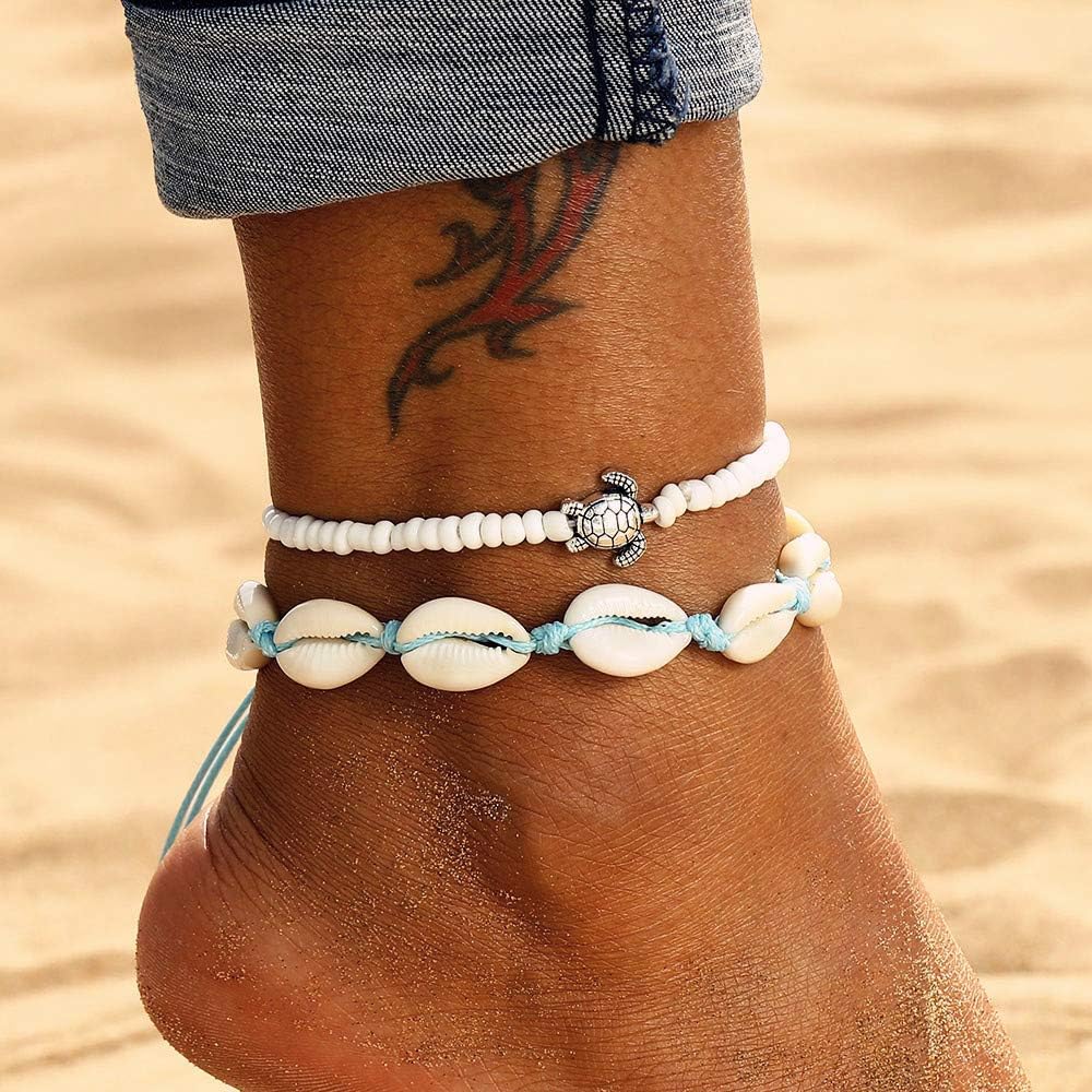 Bracelet cheville ethnique clochette perles noires et argenté double ligne