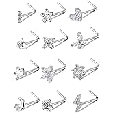 Akeoqi 12Pcs Nose Rings Stud L Shape Nose Rings Cubic Zirconia Butterfly Flower Eye Moon Crown Heart Lightning Shape Nose Studs Piercing Jewelry for Women Men Silver Gold Plated 20G
