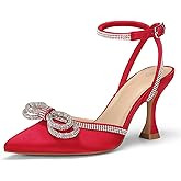 mysoft Women's Rhinestone Bow Pumps Wedding Dress Shoes Pointed Toe Ankle Strap Kitten Heels