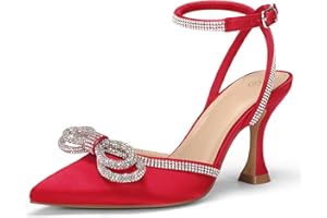 mysoft Women's Rhinestone Bow Pumps Wedding Dress Shoes Pointed Toe Ankle Strap Kitten Heels