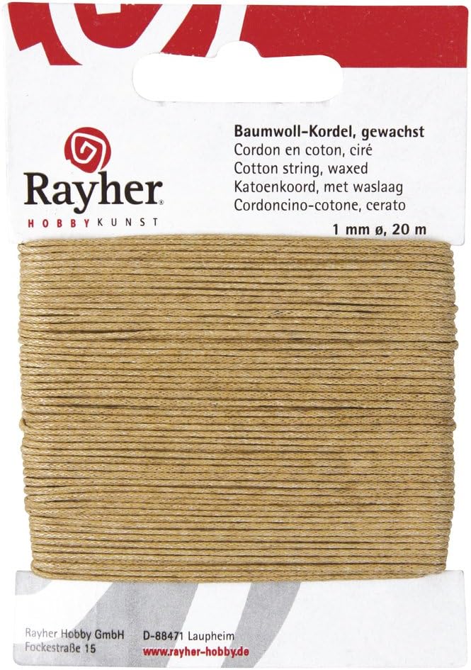 Rayher Hobby 5169131 Cotton Cord Waxed 1 mm 20 m Natural, 20 meters