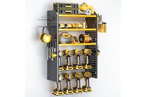 KAFAHOM Power Tool Organizer,Large 8 Drill Holder Wall Mount with 2 Side Pegboards,5 Layer Metal Tool Storage Rack with 12 Hooks,Tool Shelf for Garage Organization,Utility Battery Shelves- Yellow