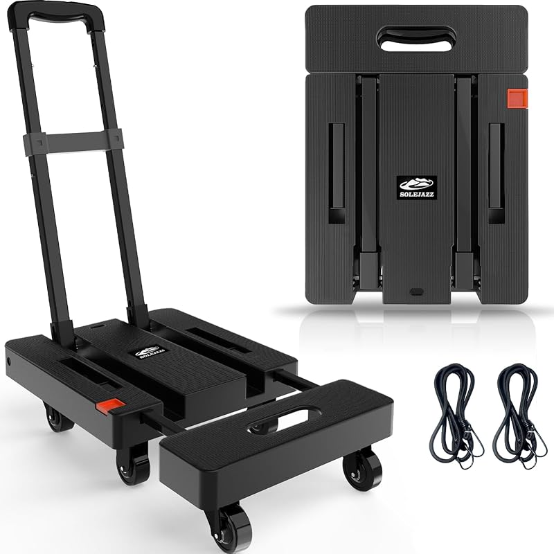 SOLEJAZZ Folding Hand Truck Dolly 500 lb 6 Wheels 2 Straps Black