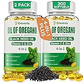 Grovenix 300 Count Organic Oregano Oil Softgels with Black Seed Oil, Wild Oregano Supplement, High Carvacrol & Thymoquinone, 2 Pack