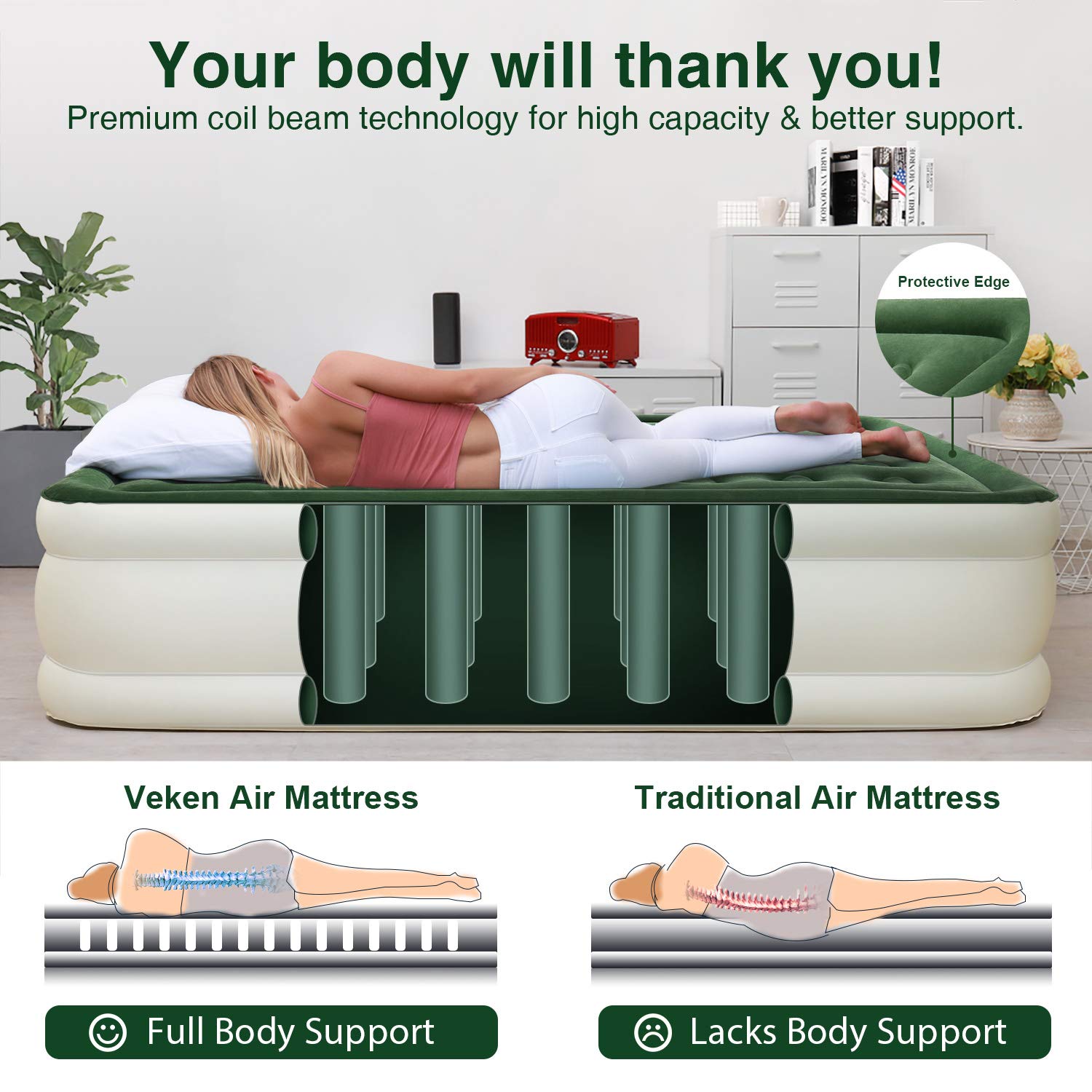 Veken Queen Air Mattress with Builtin Pump, Inflatable 18" Elevated