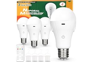 Neporal MagicGlow Rechargeable Light Bulbs with Remote, 3 Hue Shift + Stepless Dimmable Battery Powered Light Bulbs, USB Rechargeable, A19 Standard Size Emergency LED Light Bulbs, 15W, Up to 24 Hours