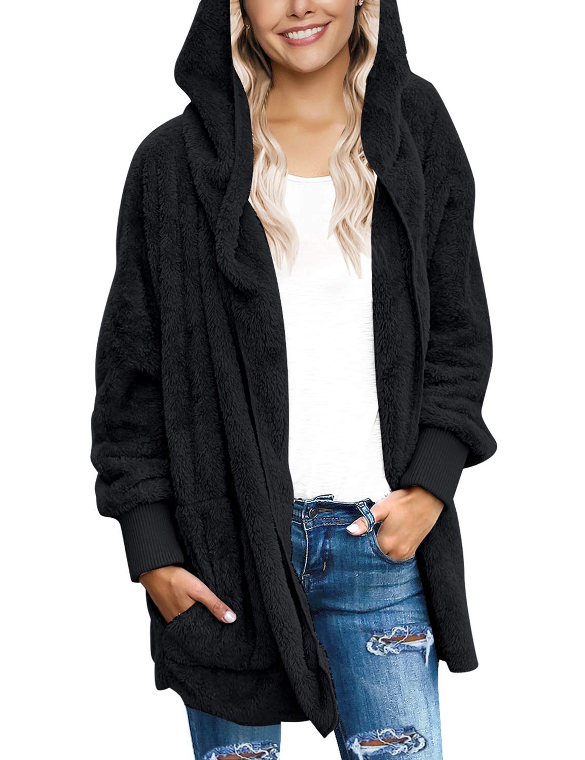 LookbookStore Women's Oversized Open Front Hooded Draped Pockets Cardigan Coat - Fifth Degree