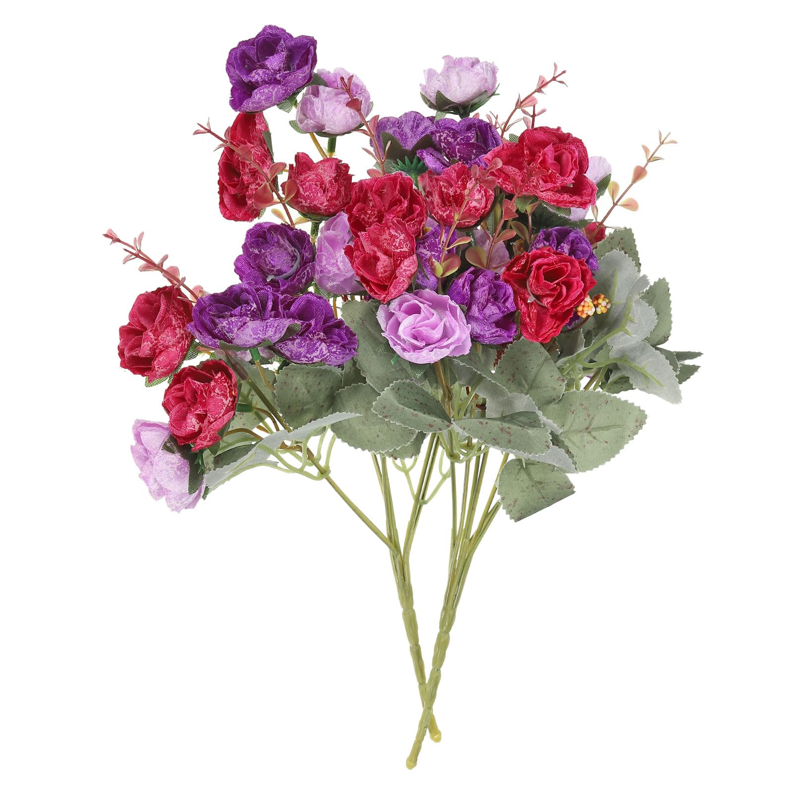PATIKIL 7 Branch 21 Heads Artificial Silk Mini Rose with Stem, 2 Pack Fake Flowers Leaf Rose Decor Bouquet for Wedding Home Office Decoration, Purple