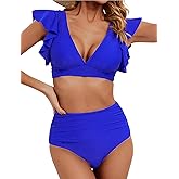 Soucrat Women's Ruffle High Waisted Swimsuit Two Piece Tropical Print Swimsuit Push Up Bathing Suit