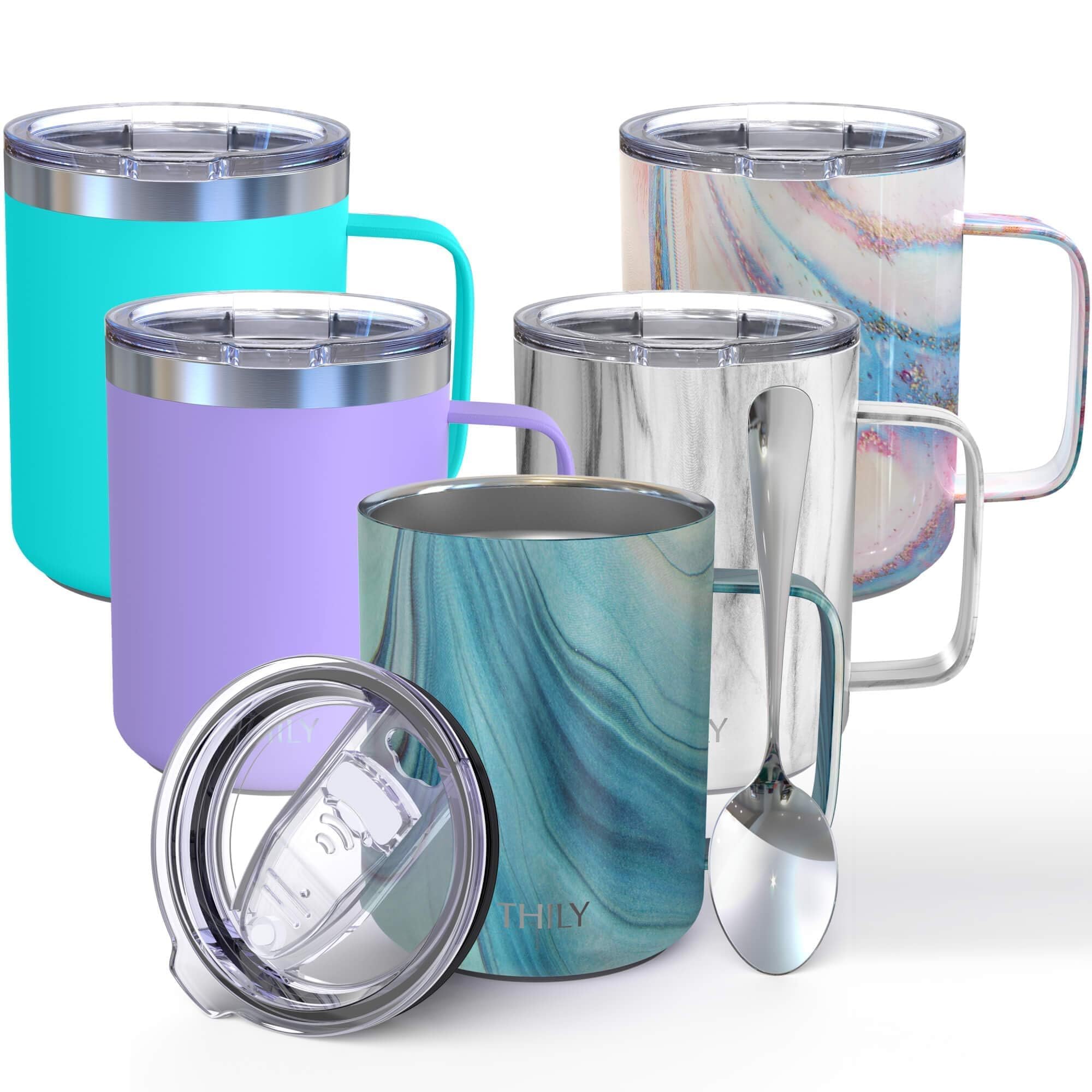 THILY Vacuum Insulated Travel Coffee Mug 350 ml Stainless Steel Coffee Cup with Handle, Spill-Proof Lid, Keep Coffee Cold or Hot, Blue Swirl