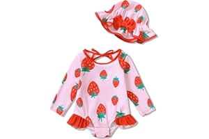 SUNNY PIGGY Baby Girls One Piece Swimsuit Long Sleeve Floral Bathing Suit+Hat 2Pcs