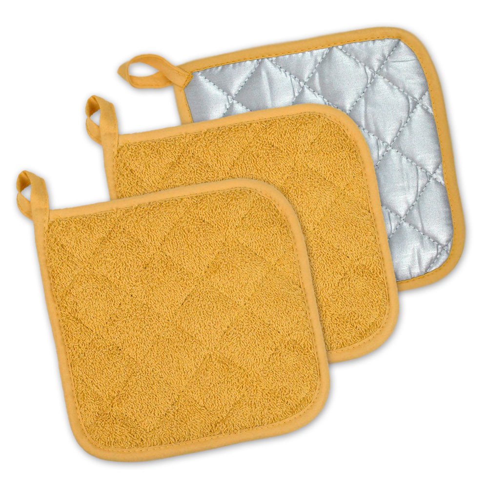 DII 100% Cotton, Quilted Terry Oven Set Machine Washable, Heat Resistant with Hanging Loop, Potholder, 7 x 7, Mustard, 3 Piece