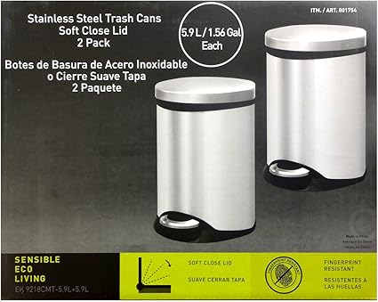 Sensible Eco Living 1 56 Gal 2pack Stainless Steel Trash Cans W Soft Close Lids Amazon Ca Home Kitchen