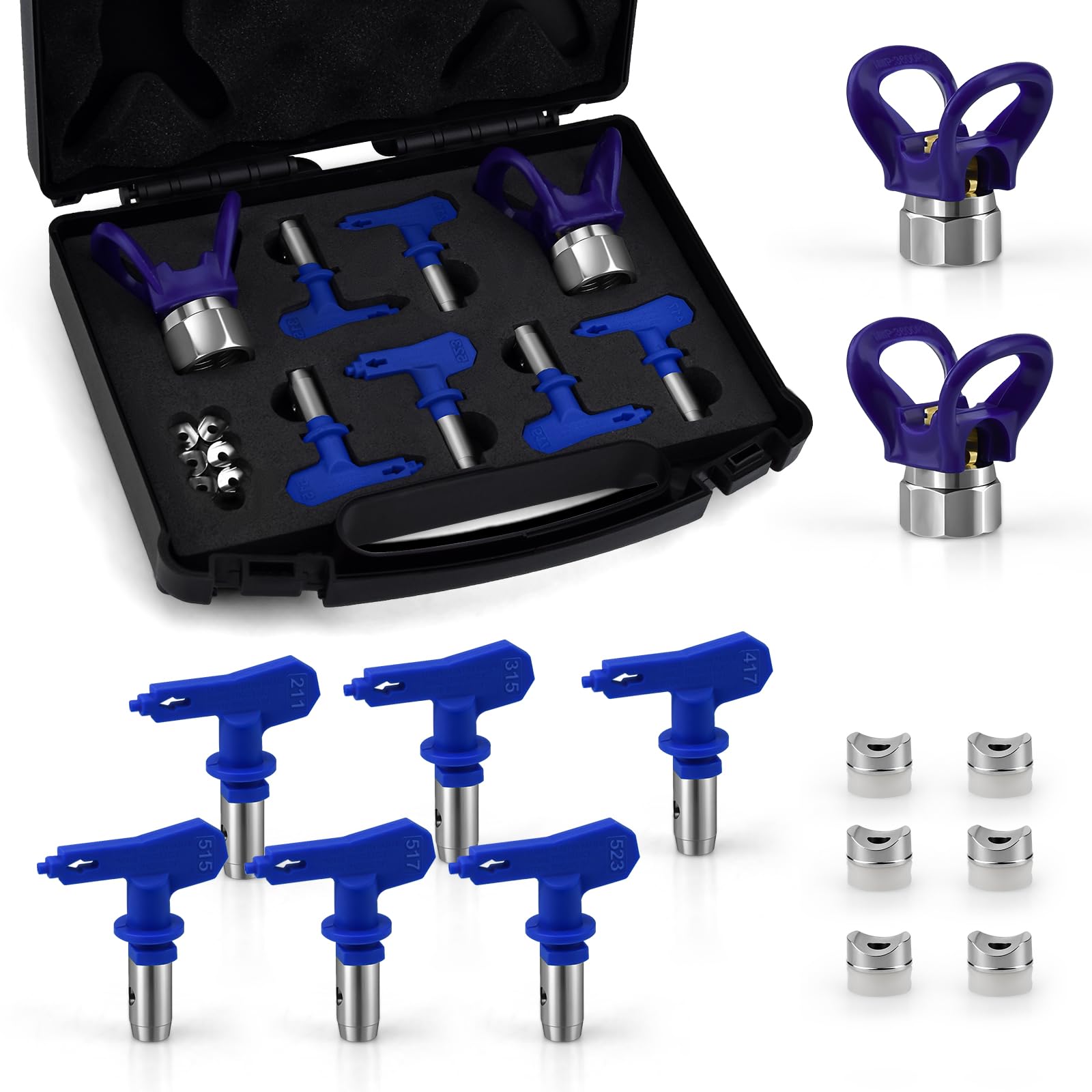 Photo 1 of Airless Paint Spray Tip Set?6 Pieces Reversible Spray Tips and 2 Pieces Nozzle Seats with a Storage Box,Airless Paint Spray Parts for Home Building Garden Decks or Fences (211,315,417,515,517,523)