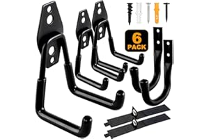 Remiawy Garage Hooks Heavy Duty, Steel Utility Garage Storage Hook 6 Pack, Wall Mount Double Tool Hangers with Anti-Slip Coat