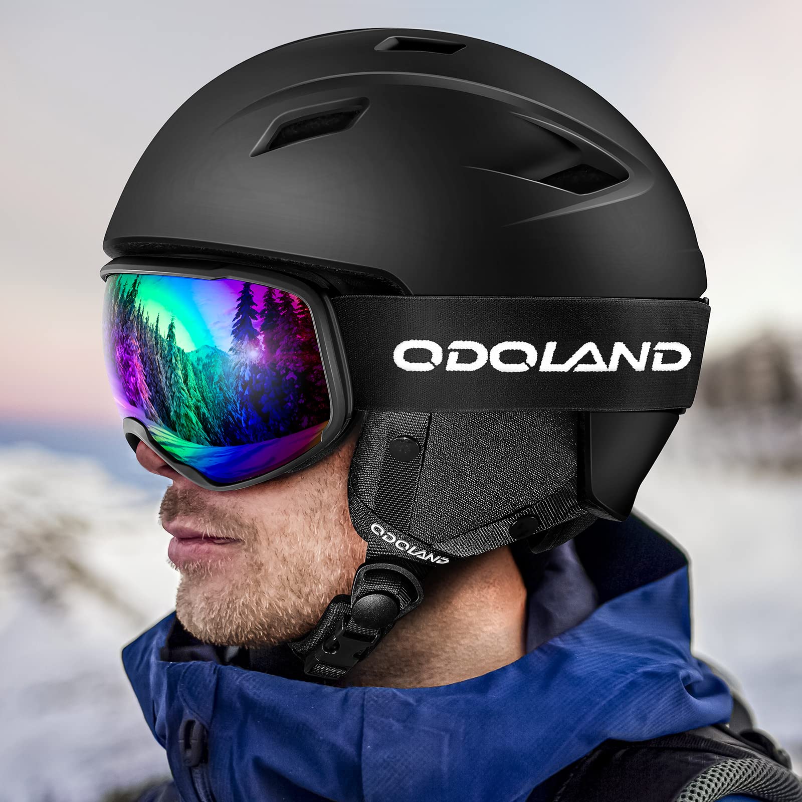 Odoland Skihelm und Skibrille Set Snowboardhelm mit Snowboardbrille für Erwachsene, Schneebrille UV 400 Schutz Windwiderstand Snowboard Brille zum Skifahren Bergsteigen Schwarz M 9