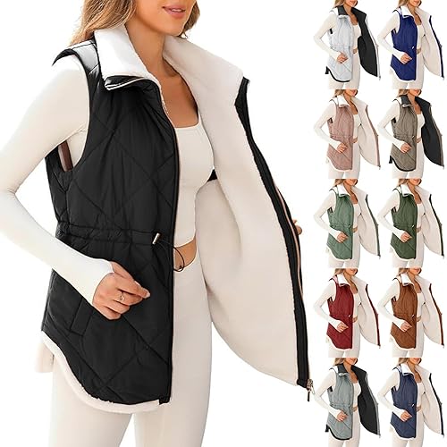 Women's Fleece Long Gilets Full Zip Up Smocked Waist Padded Sleeveless Jacket Winter Thermal Quilted Bodywarmers Vest Casual Waitcoats with Pocket Plus Size Outerwear