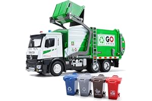 CUTE STONE 12'' Garbage Truck Toy with Metal Cab & Electric Front Loader -Trash Truck Set-Includes Dumpster, 4 Trash Bins, So