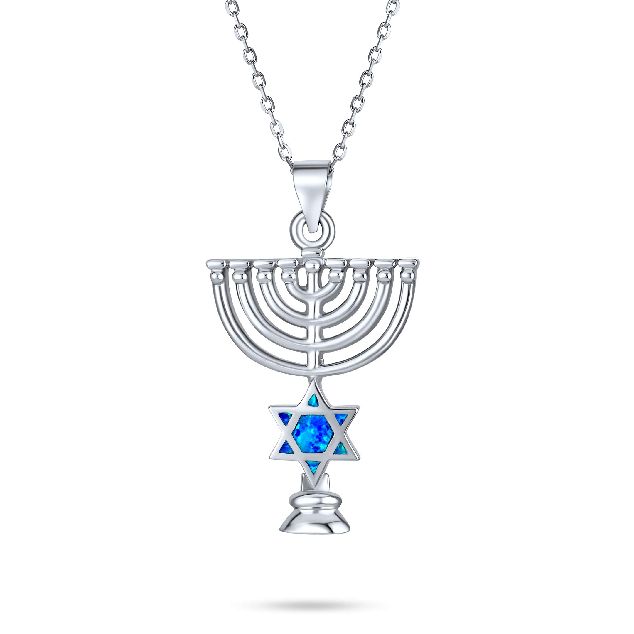 Bling Jewelry Created Blue Opal Religious Judaica Hanukkah Menorah Star Of David Pendant Necklace For Women Teens Bat Mitzvah .925 Sterling Silver