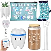 Pickmesh 6 Pcs Dental Gifts Dentist Assistant Hygienist Gifts 16 oz Glass Cups with Lid Makeup Bag Socks Badge Holder Tooth Brush Pot for Women Coworkers Doctor Nurse Christmas Accessories(Blue)