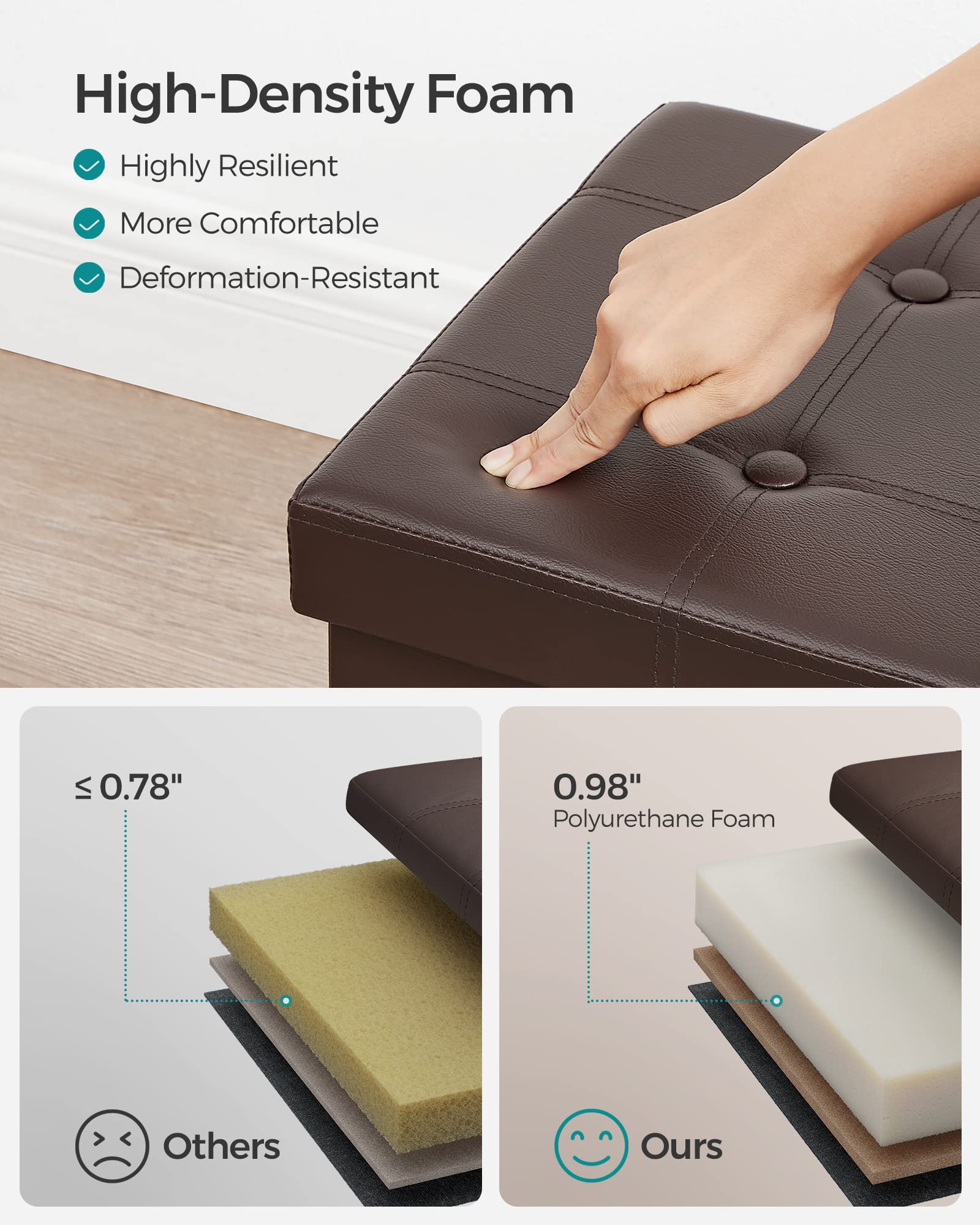 SONGMICS MAZIE Collection - 30 Inches Folding Storage Ottoman Bench, Ottoman with Storage, Foot Rest Stool, Load 660 lb, for Living Room, Synthetic Leather, Brown ULSF40Z