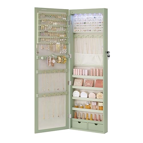 SONGMICS LEDs Mirror Jewelry Cabinet, Tall Lockable