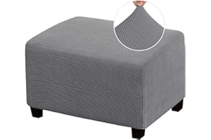 PrinceDeco Stretch Ottoman Cover Ottoman Slipcovers Rectangle for Living Room Foot Stool Stretch Covers to Fit Ottoman Foot Rest, Thick Checked Jacquard Fabric with Elastic Bottom (Large Size, Grey)