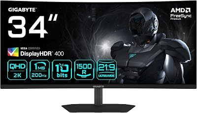 GIGABYTE G34WQC2 Monitor Curvo de Gaming 34" WQHD - 3440 x 1440, 1500R, 200Hz, 1ms, 450 CD/m², AMD FreeSync Premium, DisplayHDR 400, HDMI 2.0, DisplayPort 1.4