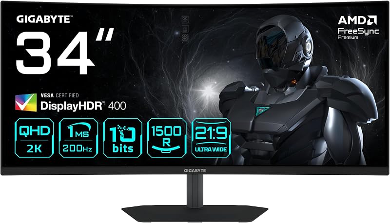 GIGABYTE G34WQC2 Monitor Curvo de Gaming 34" WQHD - 3440 x 1440, 1500R, 200Hz, 1ms, 450 CD/m², AMD FreeSync Premium, DisplayHDR 400, HDMI 2.0, DisplayPort 1.4