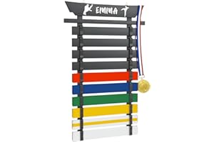 BIG LIGHTING DEALS Karate Belt Display Rack Holds 10 Belts, Wood Taekwondo Belt Display No Assembly Required, Personalized Martial Arts Belt Display Holder with Stickers, Karate Gifts for Kids and Adults, Black