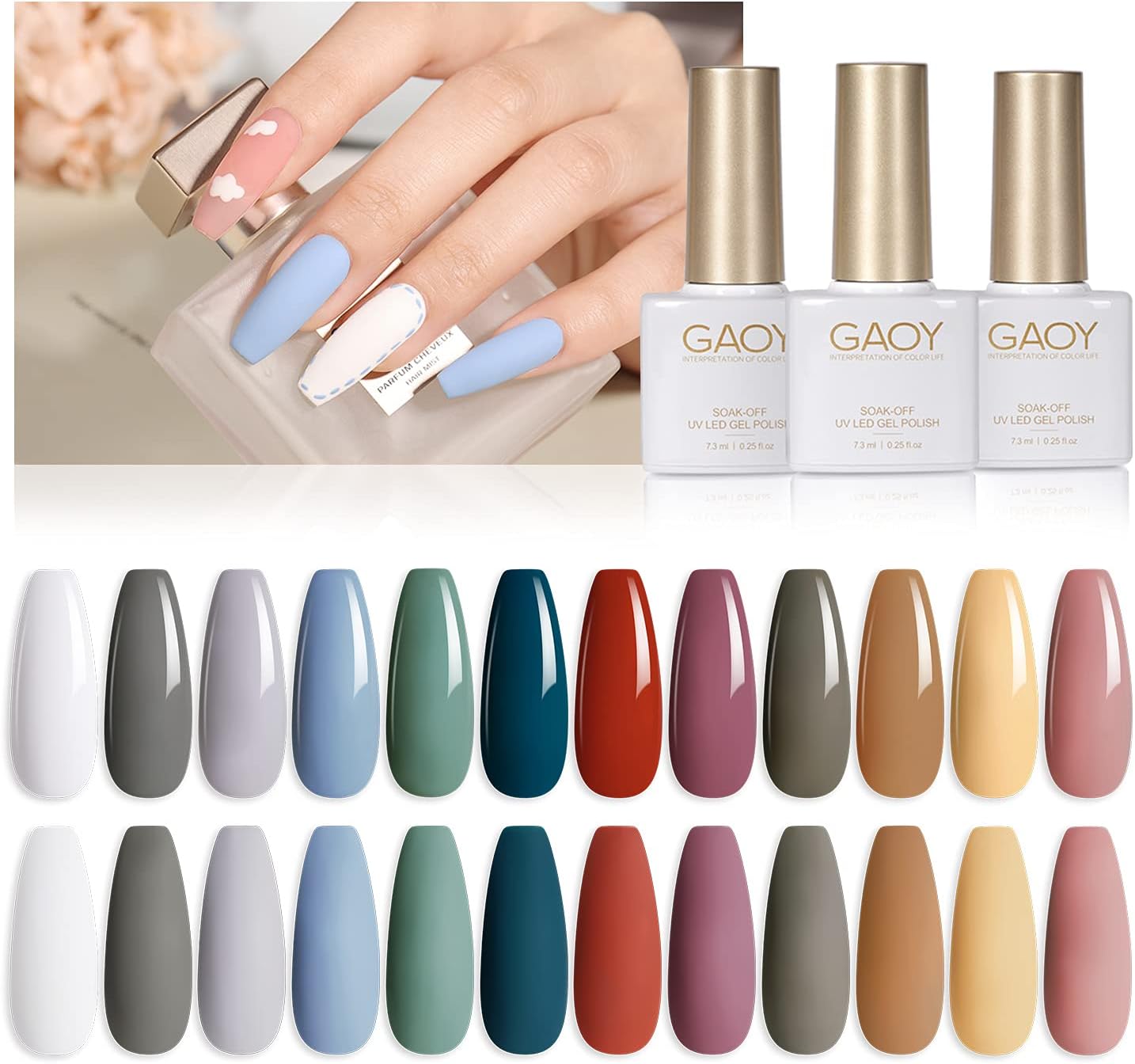 GAOY Nude Gray Gel Nail Polish Set of 12 Colors With Top Coat Base Coat
