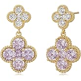 LOLAR RAY Gold Dangle Earrings for Women Trendy - 14k gold plated Birthstone Four Leaf Clover Stud clover earrings for women Trendy - Hypoallergenic Birthstone Jewelry Lucky Birthday Gift