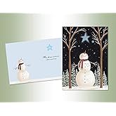 Performing Arts Premium Star Wish Snowman Christmas Cards Boxed Set - Pack Of 14 Snowy Night Holiday Greeting Cards With Envelopes - Full Color Inside And Glitter Embellished - Made In USA