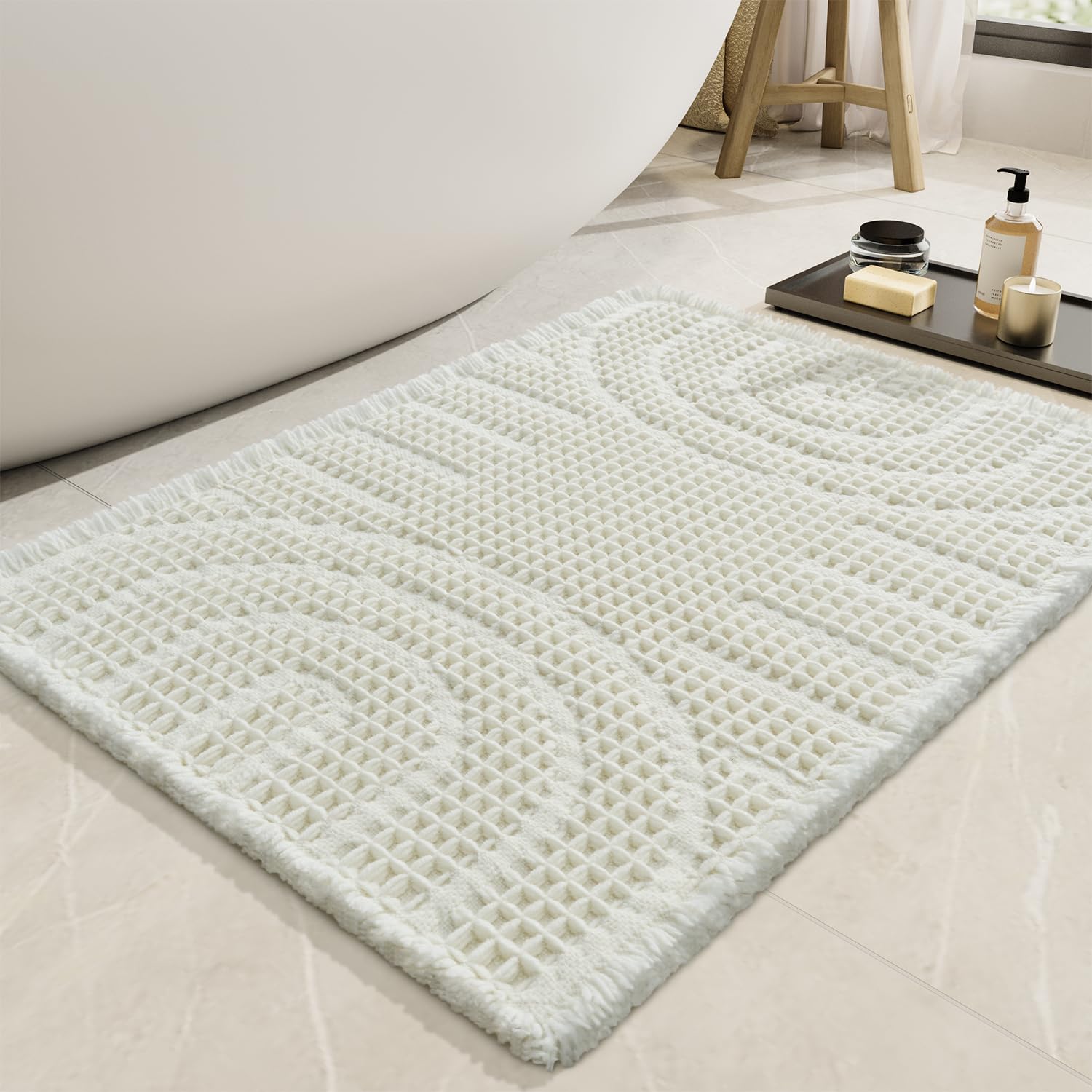 AMOAMI Waffle Bath Mat,Super Absorbent Bath Mats for Bathroom,Non Silp Machine Washable Bathroom Mat,Soft Bathroom Rugs with Tassels Front of Bathtub, Sink, White 17
