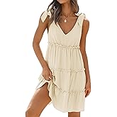 ZESICA Womens 2026 Summer Casual V Neck Sleeveless Mini Dress Tie Shoulder Tiered Ruffle Swing A Line Short Sundresses