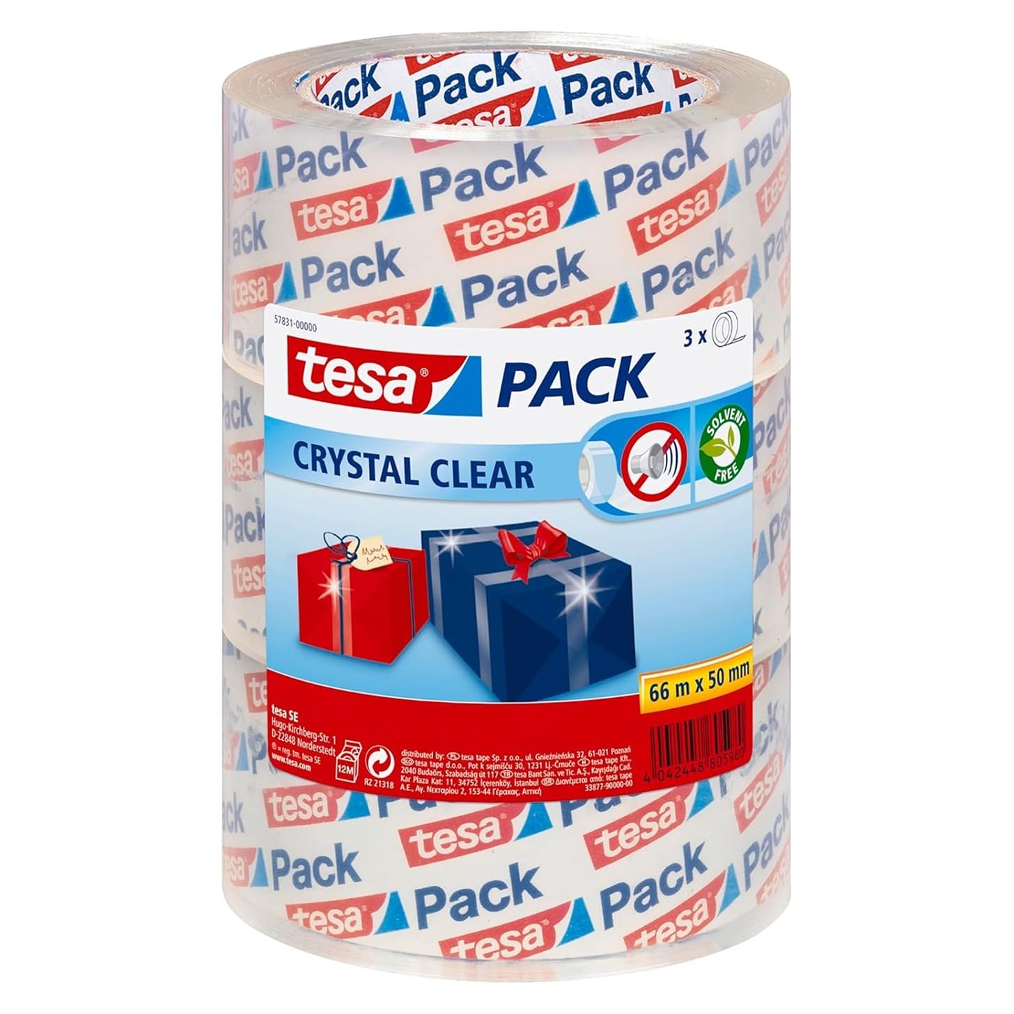 tesa Pack Crystal Clear Packaging Tape - Silent Packaging Tape with Polypropylene Backing - UV Resistant - Transparent Roll - 3X 66 m x 50 mm