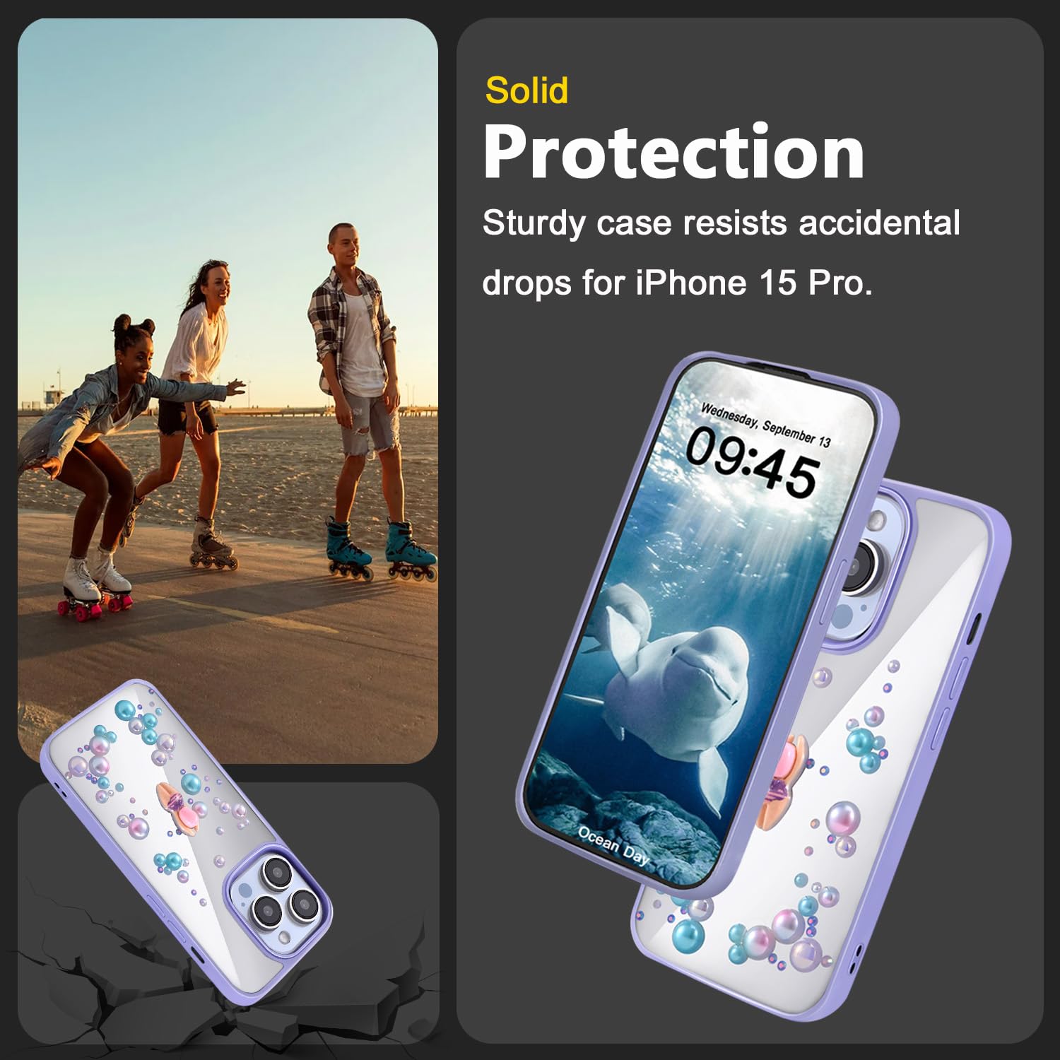 TzoMartico Case for iPhone 15 Pro Case 6.1 inch, Shockproof Hard Case Pearl Cute Case Clear - Purple + Colorful Blue