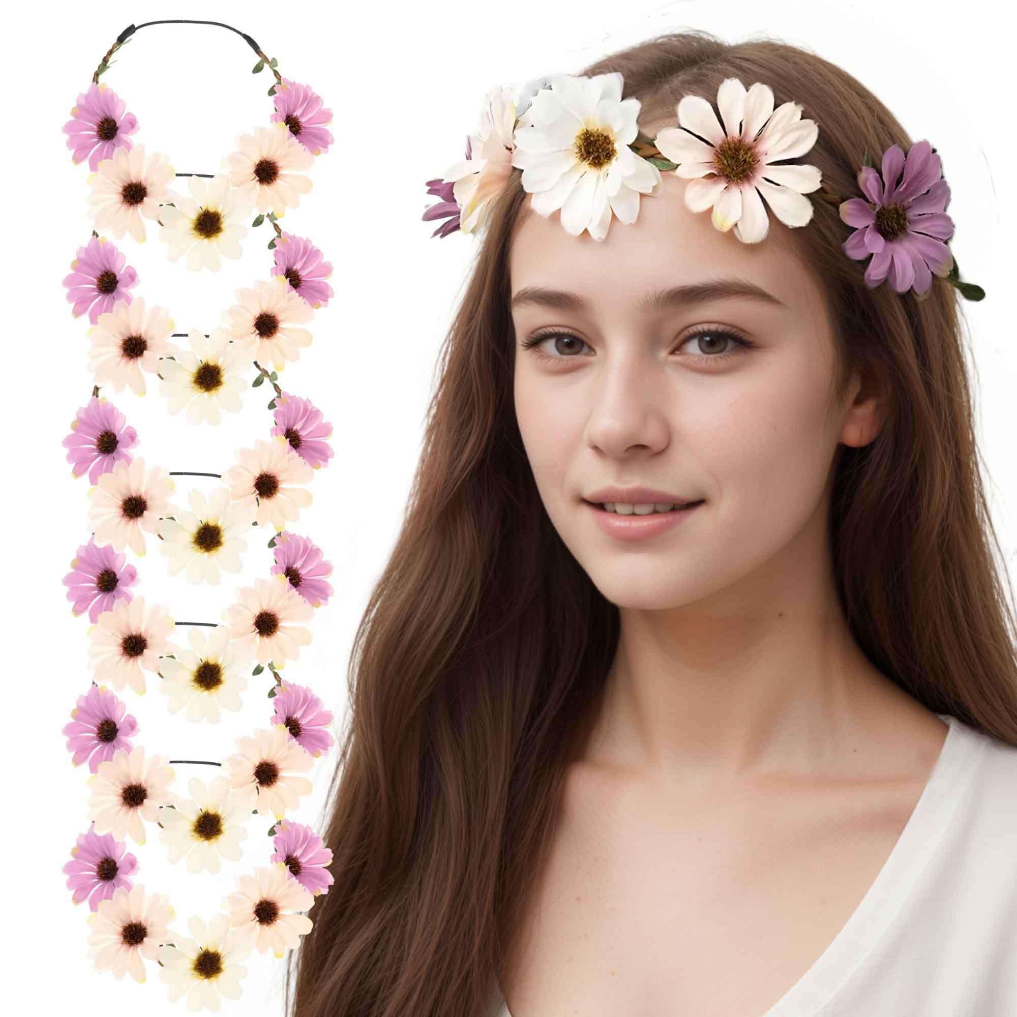 Basic Sense Daisy Flower Crown Headband for Women & Girls | Bohemian Floral Garland Hair Accessory - 6pcs