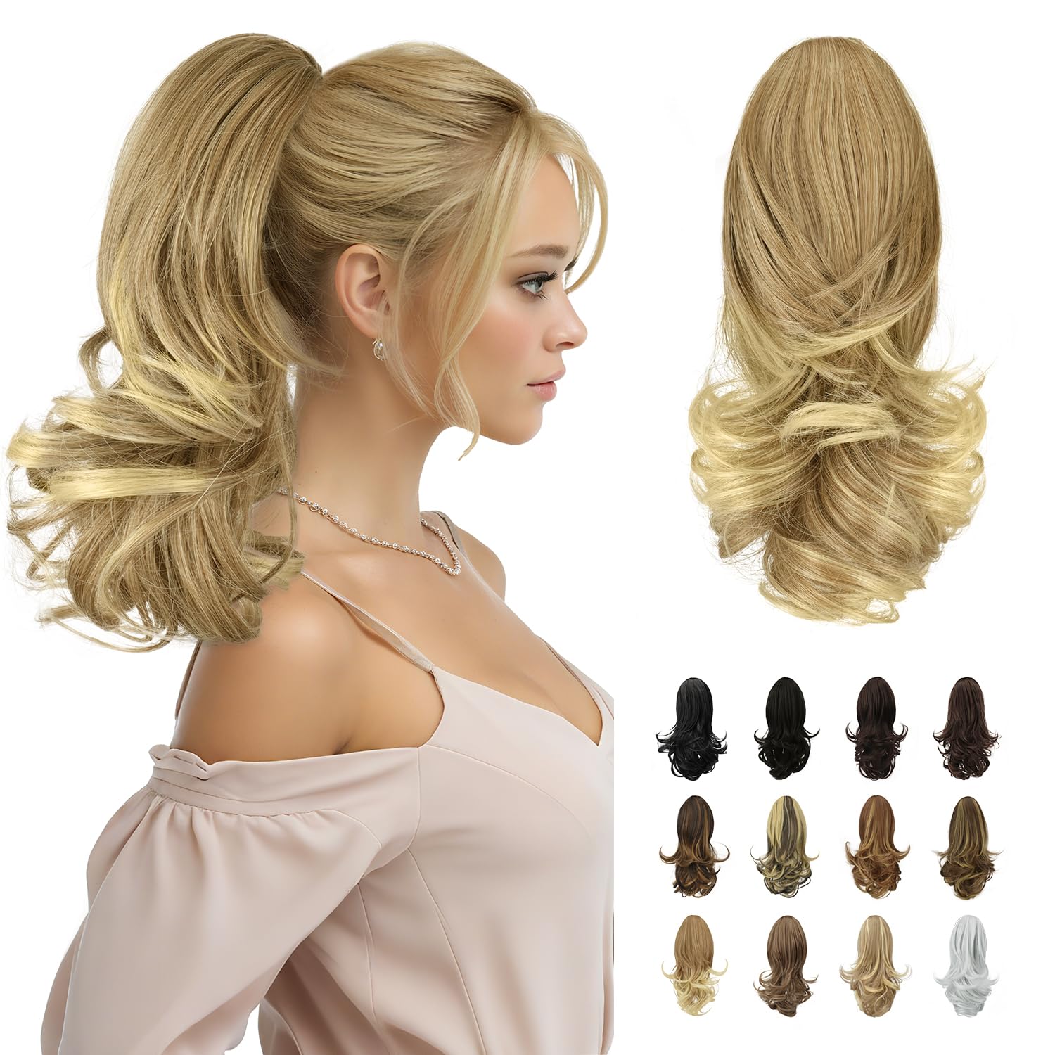 Sofeiyan 13" Ponytail Extension Long Curly Ponytail Clip in Claw Hair Extension Natural Looking Synthetic Hairpiece for Women,Dark Blonde to Bleach Blonde