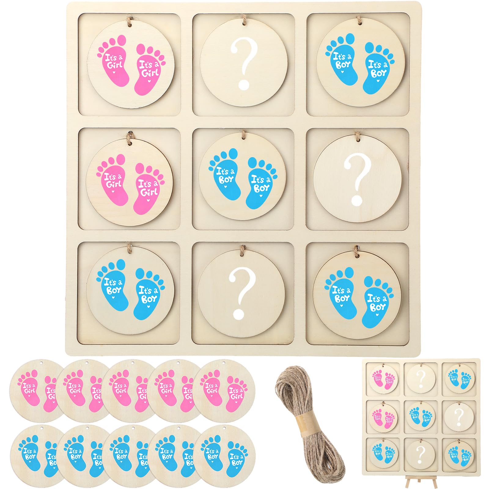 Photo 1 of Geetery Gender Reveal Table Board Game Wooden Gender Reveal Board with 10 Game Chips 1 Twine and 1 Support Easel Funny Baby Shower Ideas for Boy or Girl Party Supplies Baby Table Decor (Footprint)