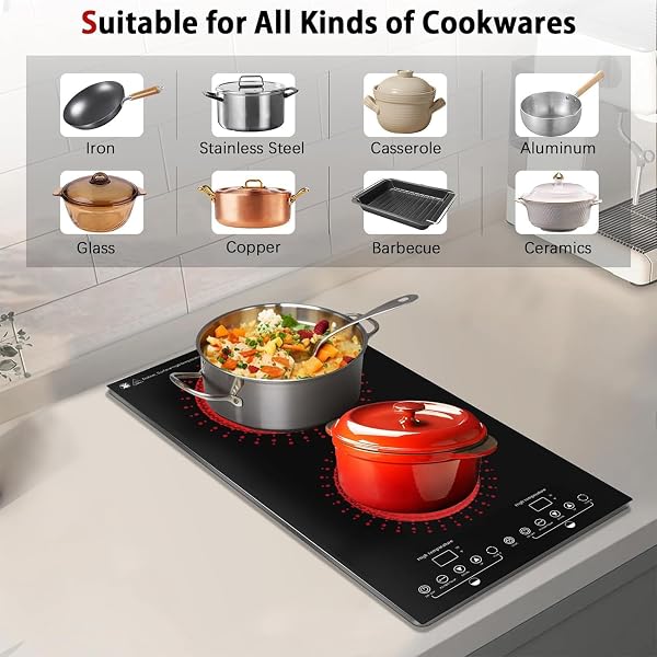 EVITUTA ELECTRIC COOKTOP, 2 BURNER ELECTRIC STOVE WITH LED TOUCH SCREEN, 9 HEATING LEVELS, TIMER, CHILD LOCK, AIR INSULATION, SILENT HEATING, 110V 12 INCH BUILT-IN HOT PLATE