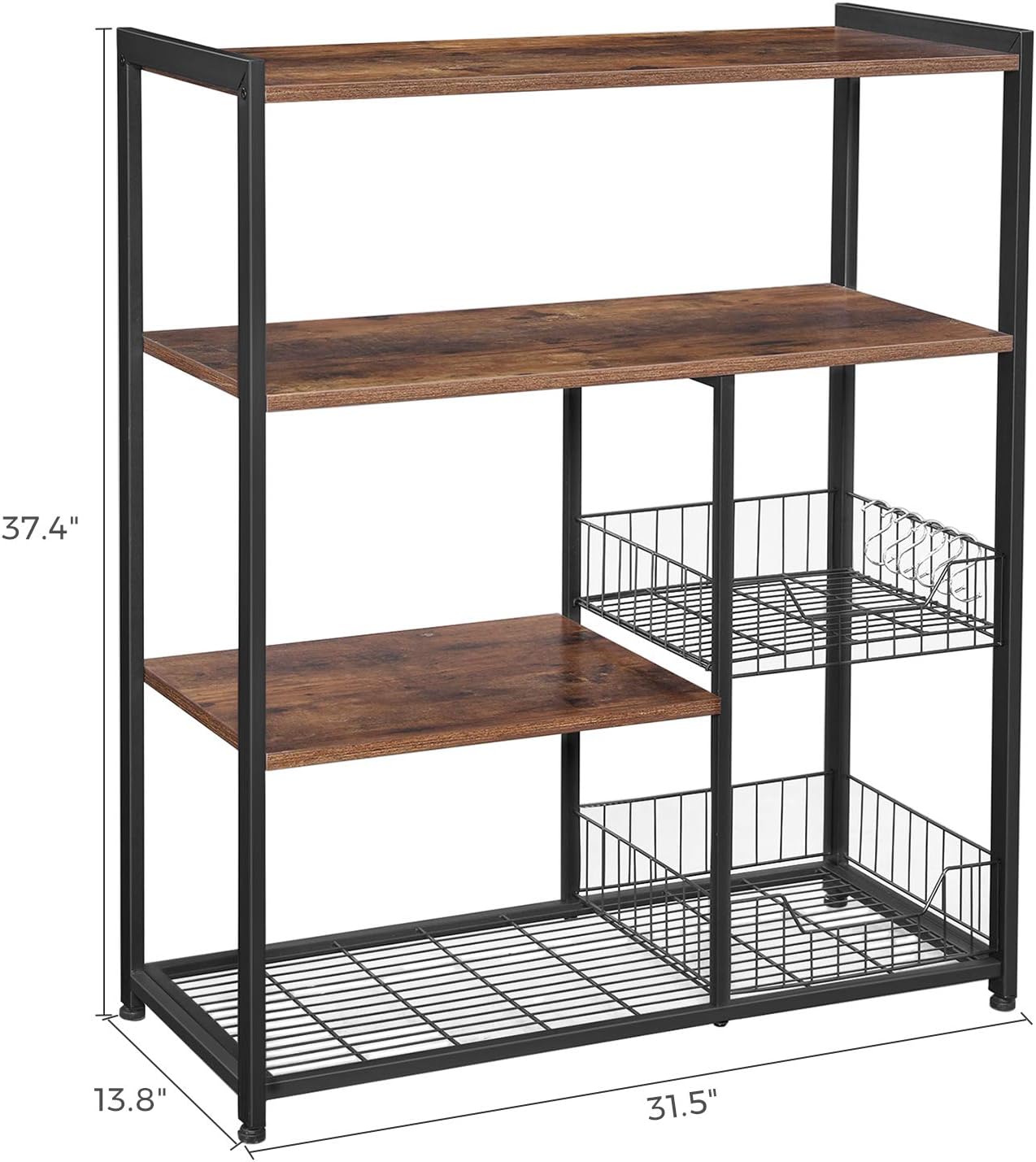 VASAGLE ALINRU Kitchen Baker’s Rack, Industrial Kitchen Shelf with 2 Mesh Baskets and 6 Hooks, Microwave Oven Stand, Rustic Brown UKKS96X - Standing Baker's Racks